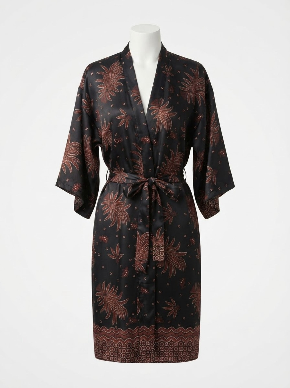 Handmade Silk Batik Kimono Robe Black Rust Indonesia OS